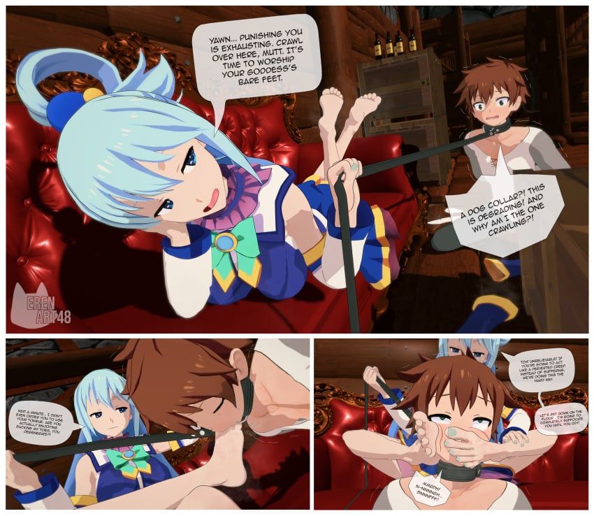 aqua_(konosuba), satou_kazuma, kono_subarashii_sekai_ni_shukufuku_wo!, erenart48, barefoot