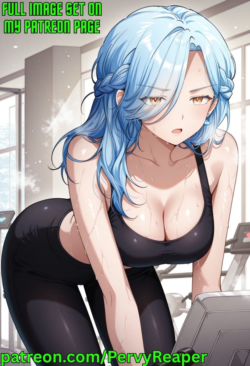 lee_seol-ah, bicycle, blue_hair, exercising, golden_eyes