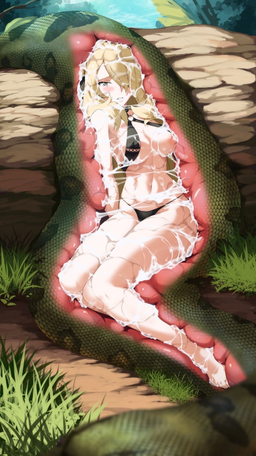 cynthia_(pokemon), rigaeru, 1girls, anaconda, bare_legs