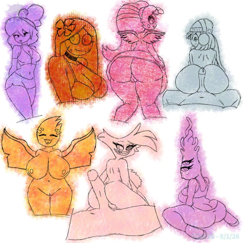 angel_dust_(hazbin_hotel), congle, dolly_dimpley, garlan_(haxxar), molly_(hazbin_hotel)