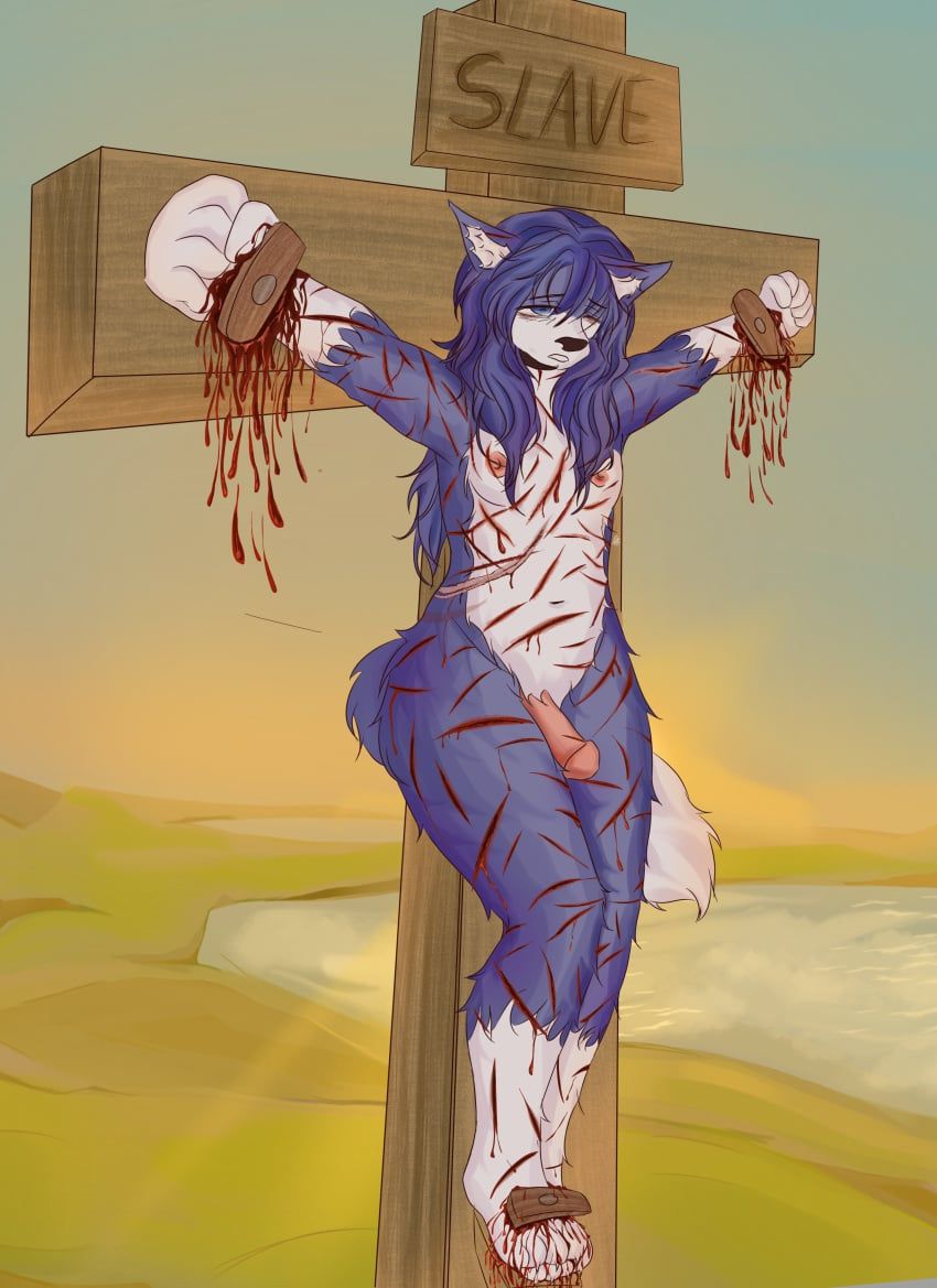 anthro, arctic_wolf, asphyxiation, blue_body, blue_fur