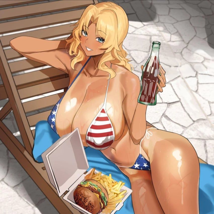sakanaaj1, american_flag_bikini, blonde_hair, dark-skinned_female, dark_skin