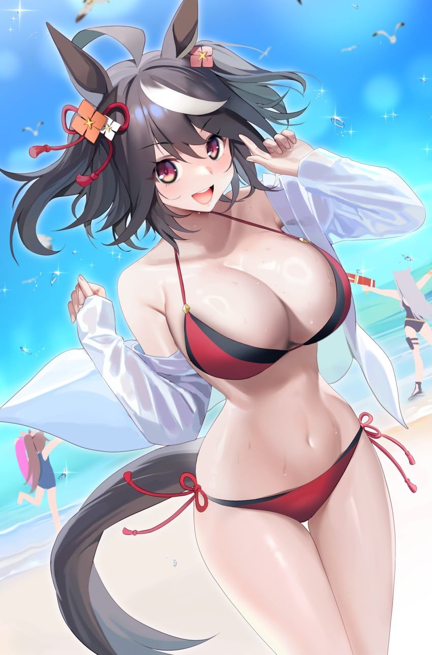 kitasan_black_(umamusume), umamusume, beach, bikini, black_hair