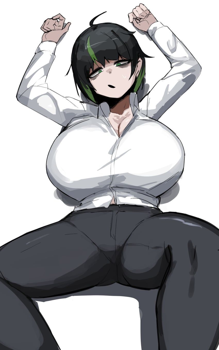 hokkairo, 1girls, black_hair, breasts, collared_shirt