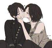 rop1n, 2girls, black_hair, black_pants, black_shirt