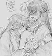 niraname, 2girls, areola_slip, blush, breast_sucking