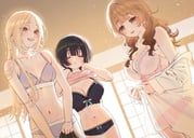 chigusa_minori, 3girls, :c, backlighting, black_bra