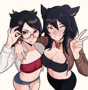 original, celebelian, 2girls, :p, adjusting_eyewear