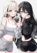 original, kanmidokoro_curly, 2girls, :o, black_bow