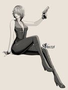 eightyfourart, 1girl, arm_support, artist_name, bare_arms
