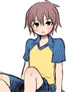 yataba, 1boy, :o, arms_at_sides, blue_shorts