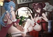 ganyu_(genshin_impact), hu_tao_(genshin_impact), genshin_impact, biuyuyu, 2girls