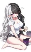 sakoronia, 1girl, barefoot, between_legs, black_hair