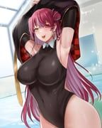 houshou_marine, hololive, bagasifirt, 1girl, arms_up