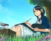 original, dackq, 1girl, bird, black_eyes