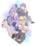 hoshimachi_suisei, hoshimachi_suisei_(1st_costume), kenmochi_touya, kenmochi_touya_(1st_costume), kuzuha_(1st_costume)_(nijisanji)
