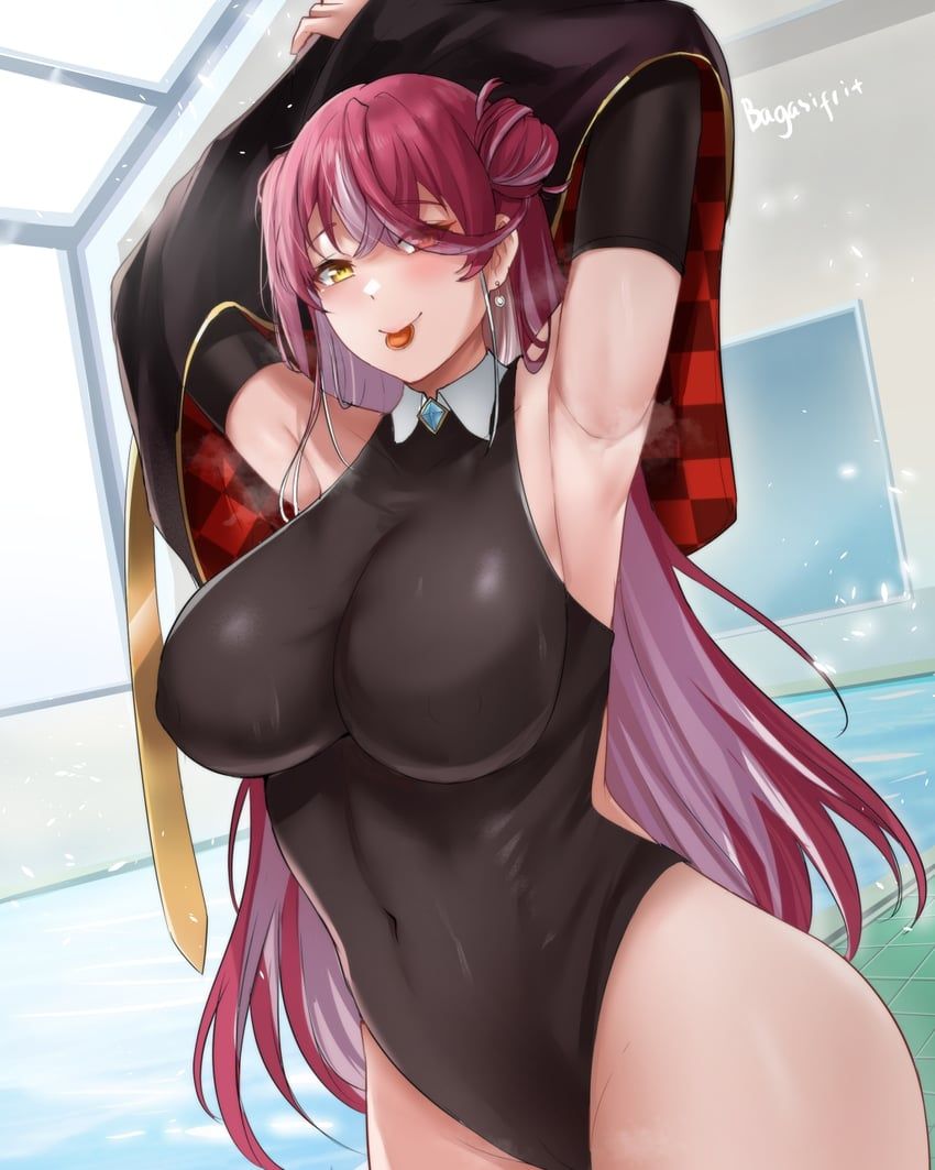houshou_marine, hololive, bagasifirt, 1girl, arms_up