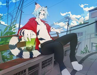 peachygho, anthro, bench, beverage, black_bottomwear
