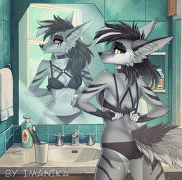 zardyn_scarlet, imanika, anthro, bathroom, black_bra