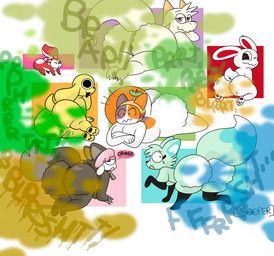 cheezborger_(chikn_nuggit), chikn_nuggit_(chikn_nuggit), cofi_(chikn_nuggit), fwench_fwy_(chikn_nuggit), hawt_saus_(chikn_nuggit)
