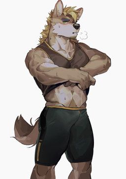 seatohao, anthro, beard, biceps, black_bottomwear