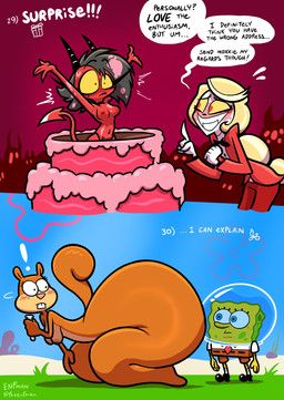 charlie_morningstar, millie_(helluva_boss), sandy_cheeks, spongebob_squarepants_(character), hazbin_hotel