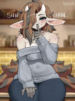 lowgrowls, anthro, blush, bottomwear, bovid