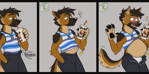 rottenrigby, anthro, belly, beverage, black_body