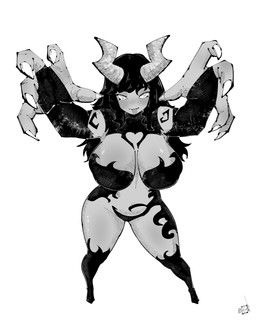 miregeist, armwear, big_breasts, black_hair, blep