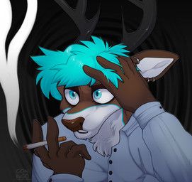 conhugo, abstract_background, anthro, antlers, blue_clothing