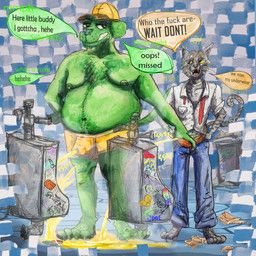 greengod, anthro, baseball_cap, bathroom, bodily_fluids