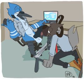 haida_(aggretsuko), mordecai_(regular_show), aggretsuko, cartoon_network, regular_show