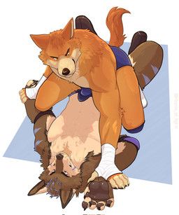 brisky_(briskycoyote), ramaelligre, anthro, blue_markings, brown_body