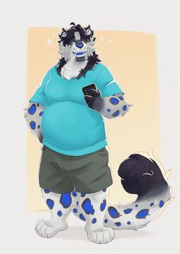 its_stardog, anthro, belly, black_hair, blue_clothing
