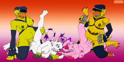 angelgatomon_(angelkitty), chica_(fnaf), chica_(thevgbear), chica_the_piyomon, classic_chica_(fnaf)
