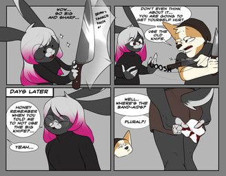 corginamedbruno, 4_panel_comic, anthro, beanie, blood