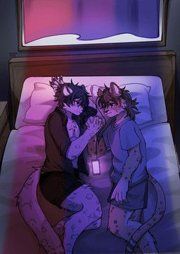 choco_goblin, anthro, bed, bisexual_pride_colors, blue_eyes