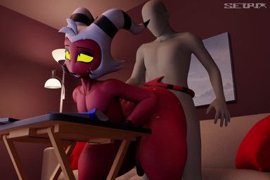 moxxie_(helluva_boss), hellaverse, helluva_boss, setrixart, against_furniture