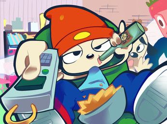 general_potter, papa_parappa, parappa, parappa_the_rapper, sipping_beer_on_a_couch_stock_image