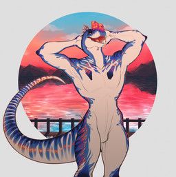 sheycra, allosauroid, anthro, biped, blue_stripes