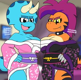 roxie_raptor, roxy_(jurassiczalar), trixie_triceratops, dinosaur_bones, unknown_artist