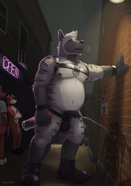 flugeldog, alcohol, alley, anthro, beverage