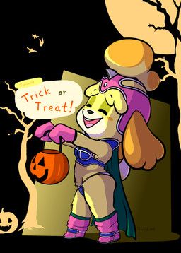 chi-chi_(dragon_ball), isabelle_(animal_crossing), animal_crossing, halloween, nintendo