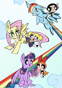 blossom_(powerpuff_girls), bubbles_(powerpuff_girls), buttercup_(powerpuff_girls), fluttershy_(mlp), rainbow_dash_(mlp)