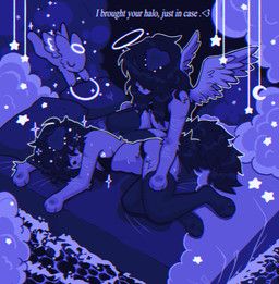 elicatnine, ambiguous_gender, angel_halo, anthro, bed