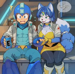 krystal_(star_fox), mega_man_(character), anthro, armor, bedroom_eyes