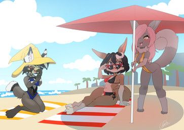 galo, ambiguous_species, anthro, beach, beach_umbrella