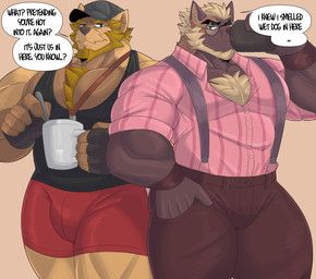 castrodour, anthro, barazoku, beard, beverage