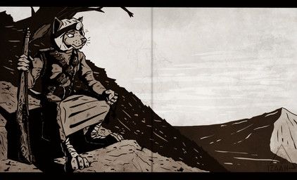 mawkvlt, anthro, backpack, bandolier, barefoot