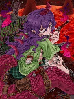 chiyari_tenkajin, touhou, barikin_tenshi, accessory, arm_tattoo